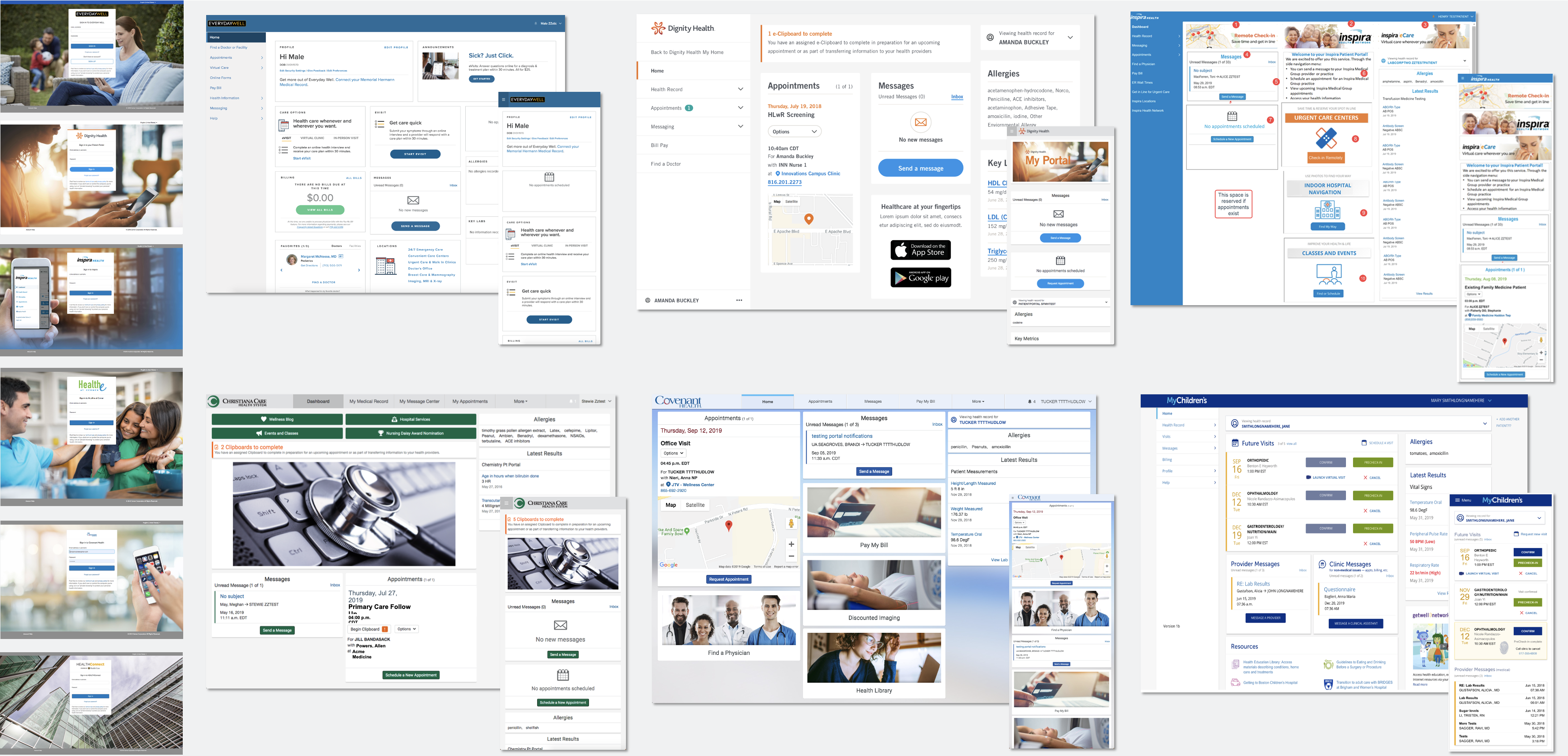 A montage of client-branded implementations of the consumer framework across desktop and mobile