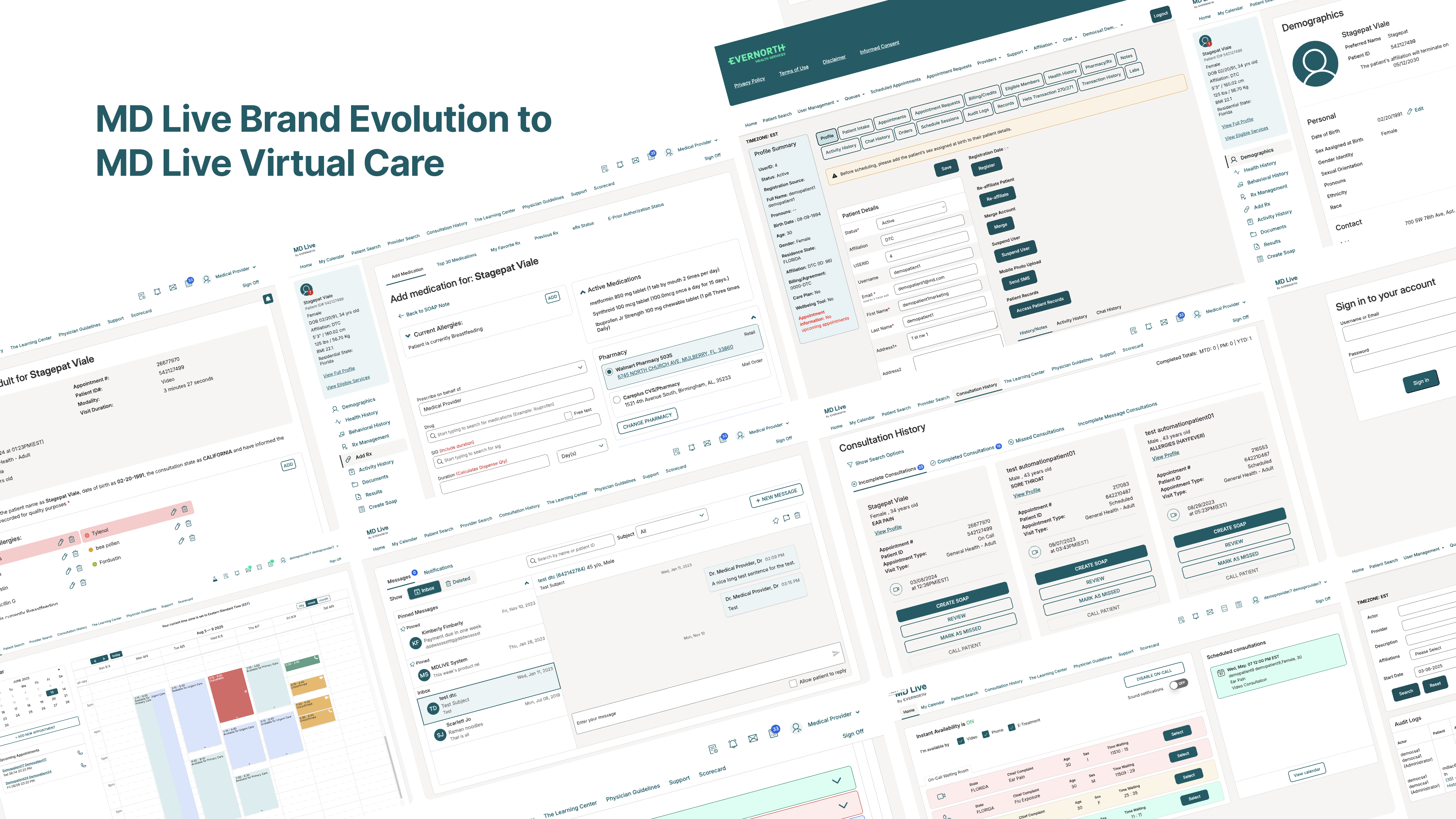 First page of the MD Live Brand Evolution deck: MD Live Brand Evolution to MD Live Virtual Care, over a montage of provider portal screens
