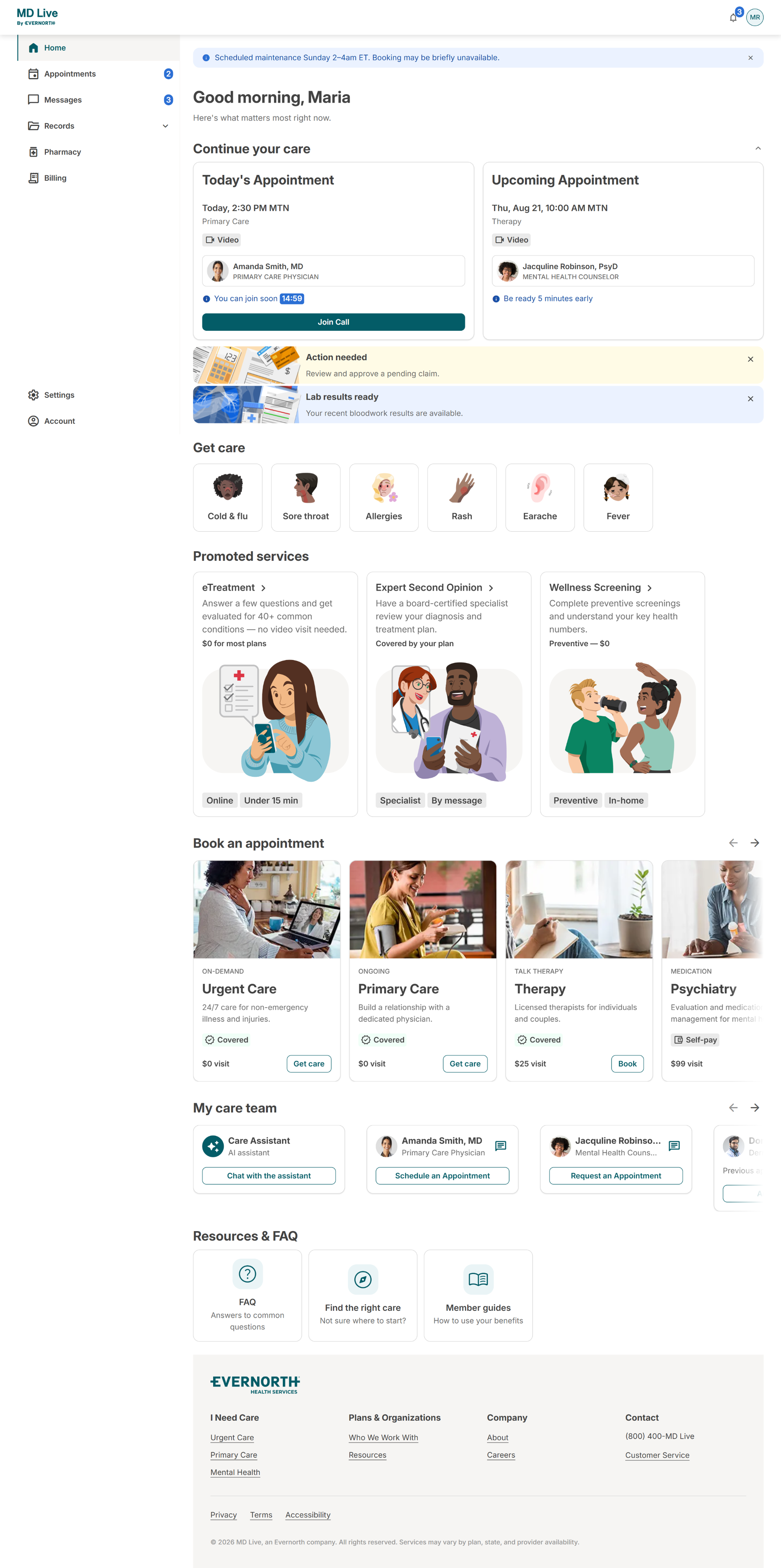 Redesigned MD Live member home page: continue your care, get care shortcuts, promoted services, booking and care team