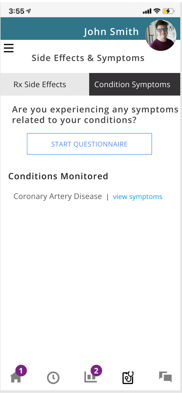 Patient view — side effects and symptoms questionnaire with conditions monitored