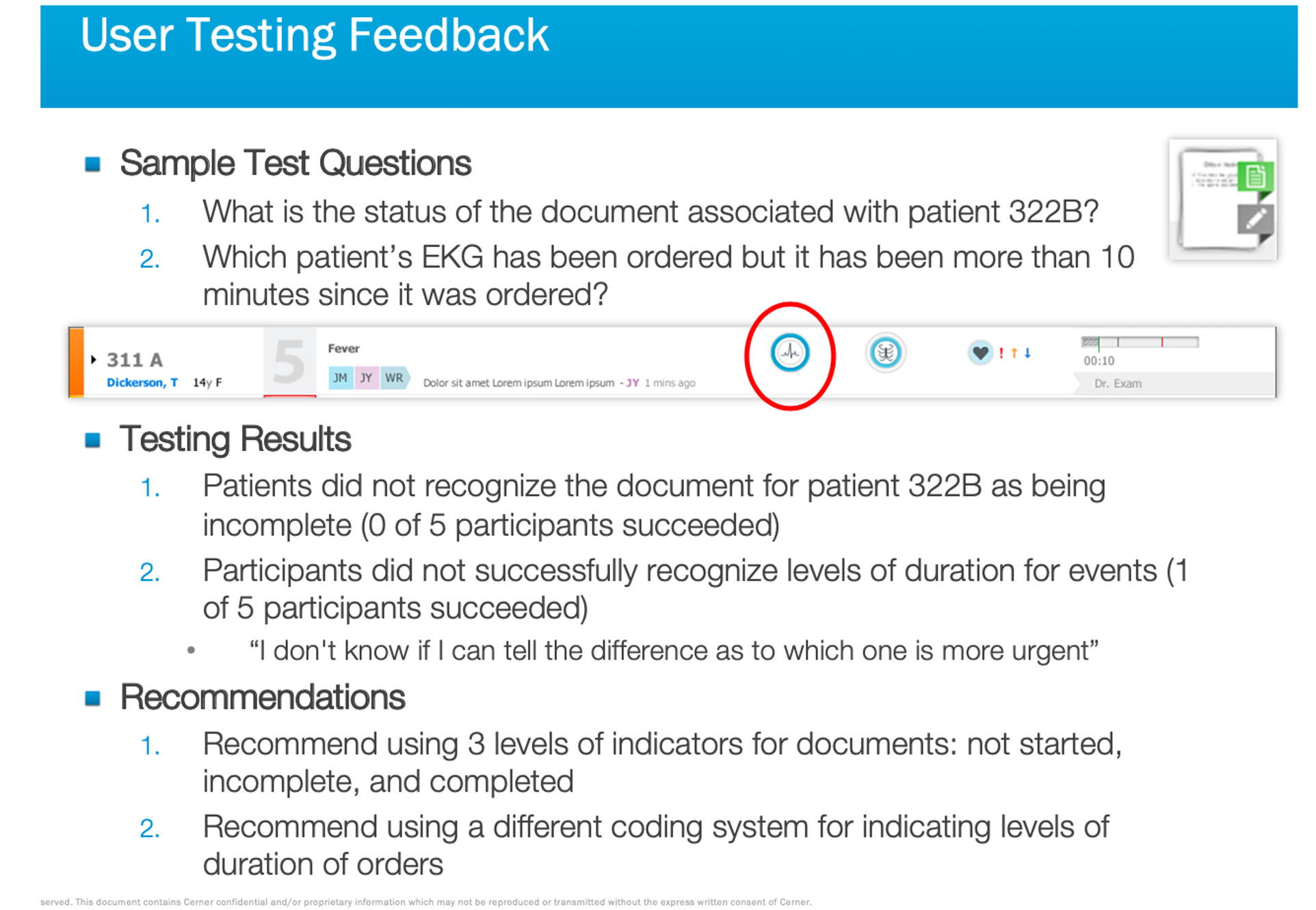 User testing feedback slide with sample test questions, results and recommendations