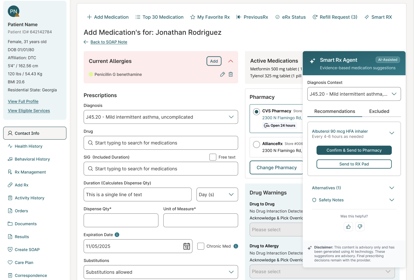 Smart Rx agent surfacing evidence-based medication suggestions in the prescribing workflow