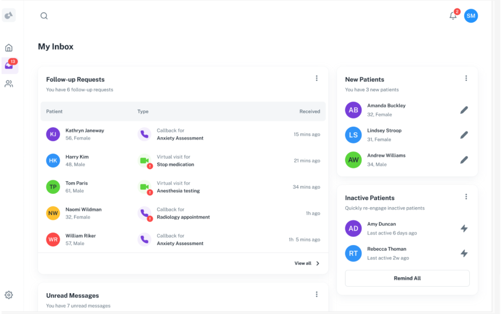 My Inbox — follow-up requests, new patients and inactive patients