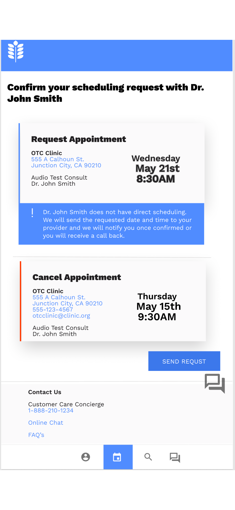 Patient view — confirm your scheduling request, request or cancel an appointment