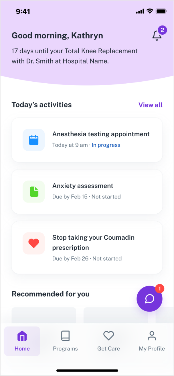 Home screen with today's activities